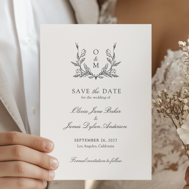 Minimalist Monogram Botanical Crest Wedding Save The Date (Creator Uploaded)