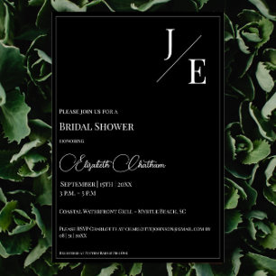 Minimalist Monogram Bridal Shower   Black Invitation