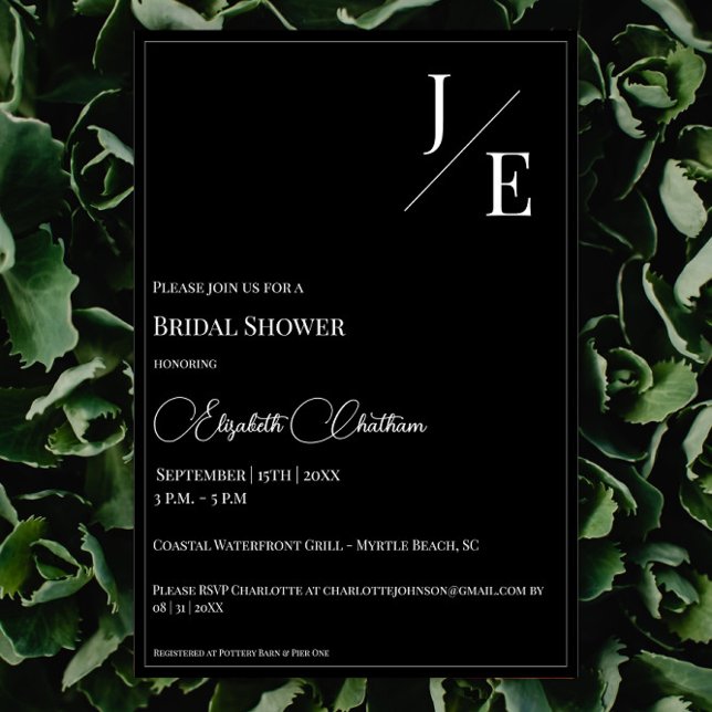 Minimalist Monogram Bridal Shower | Black Invitation (Black Minimalist Monogram Bridal Shower Invitation)