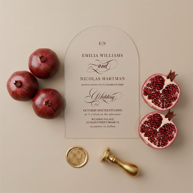 Minimalist Monogram Burgundy Red Wedding Acrylic Invitations (Creator Uploaded)