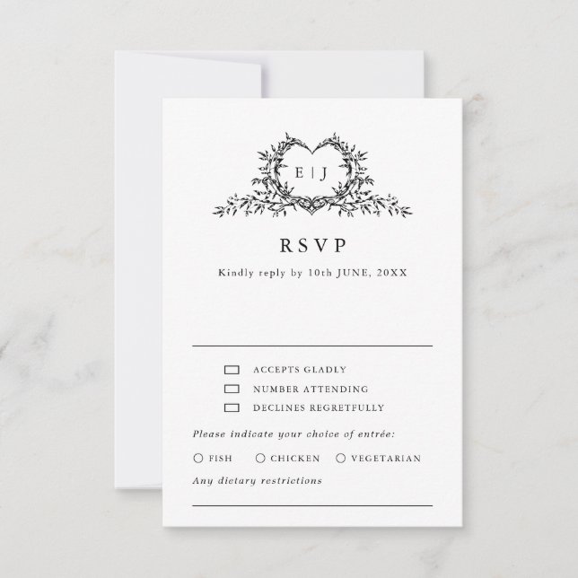 Minimalist Monogram Calligraphy Crest Meal Choice  RSVP Card (Front)