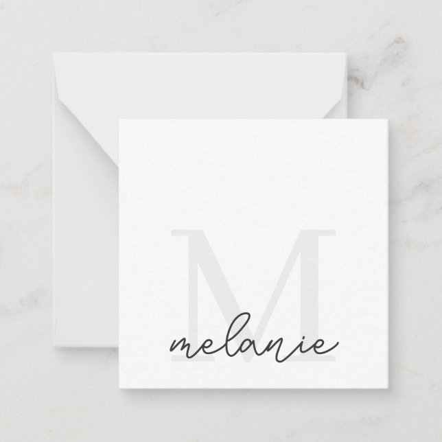 Minimalist Monogram Chic Silver Flat Note Card (Front)