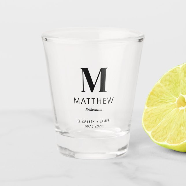 Minimalist Monogram Custom Bridesman Gift Simple Shot Glass (Front)