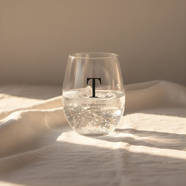 Minimalist Monogram Custom Couple Family Name Stemless Wine Glass (Creator Uploaded)