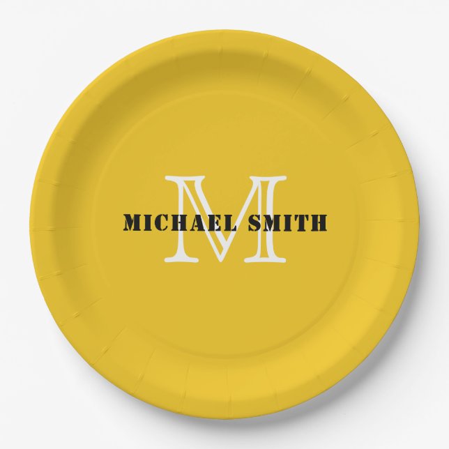 Minimalist Monogram Deep Lemon Background Paper Plate (Front)