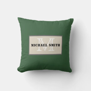 Minimalist Monogram Deep Moss Green Background Cushion