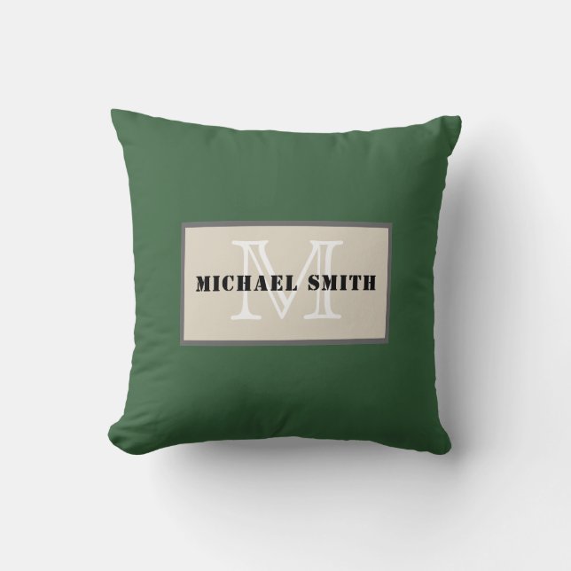 Minimalist Monogram Deep Moss Green Background Cushion (Front)