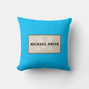 Minimalist Monogram Deep Sky Blue Background Cushion