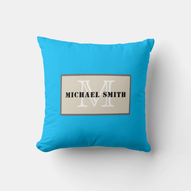 Minimalist Monogram Deep Sky Blue Background Cushion (Front)