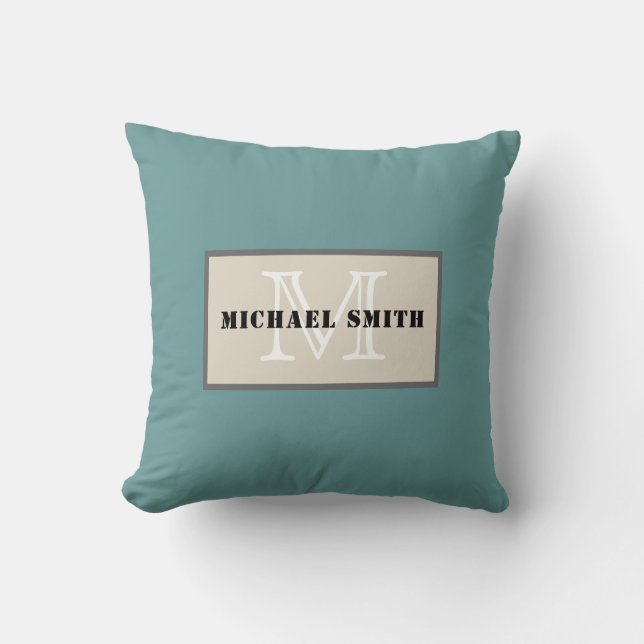 Minimalist Monogram Desaturated Cyan Background Cushion (Front)