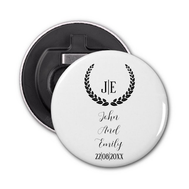 Minimalist monogram elegant black & white wedding  bottle opener (Front)