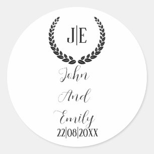 Minimalist monogram elegant black & white wedding  classic round sticker