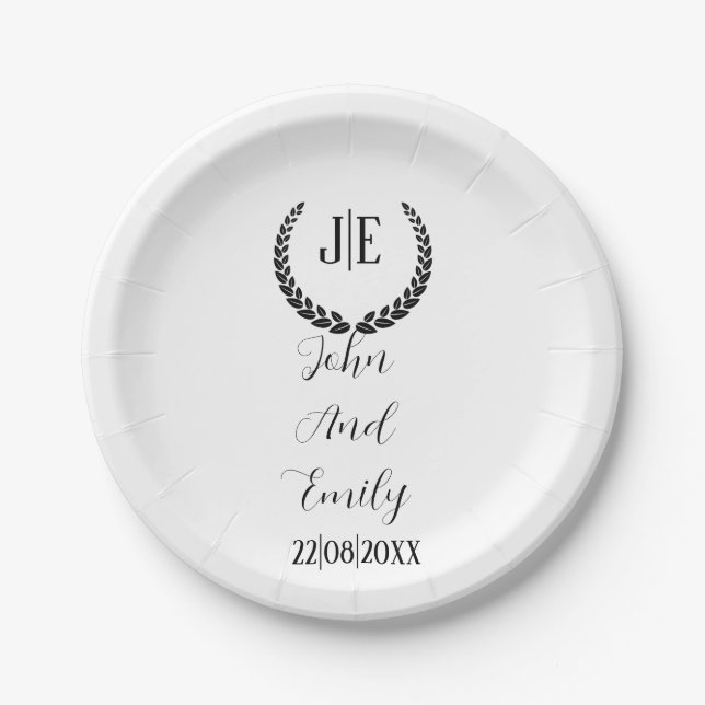 Minimalist monogram elegant black & white wedding  paper plate (Front)