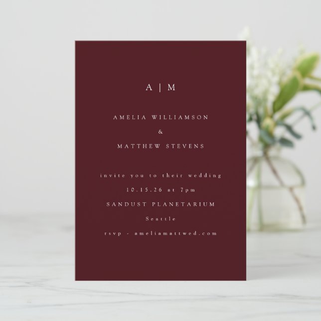 Minimalist Monogram Elegant Burgundy Wedding Invitation (Standing Front)