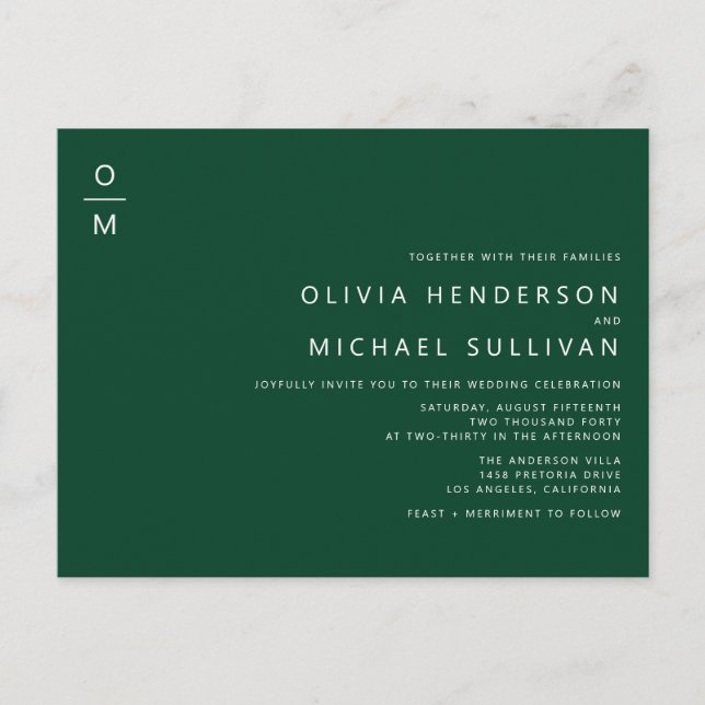 Minimalist Monogram Emerald QR Code Wedding Invitation Postcard (Front)
