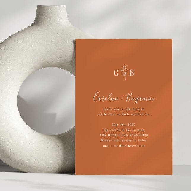 Minimalist Monogram Floral Burnt Orange Wedding Invitation (Creator Uploaded)