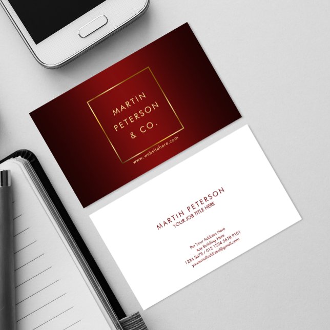 Minimalist Monogram | Gold Frame on Elegant Red Business Card (Creator Uploaded)