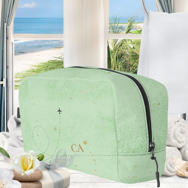 Minimalist Monogram Gold Sage Green Aeroplane Dopp Kit (Wanderlust Monogram Airplane Mint Gold Dopp Kit ©Susanne Sachers - Sunny Wanderlust 🌞✈️)