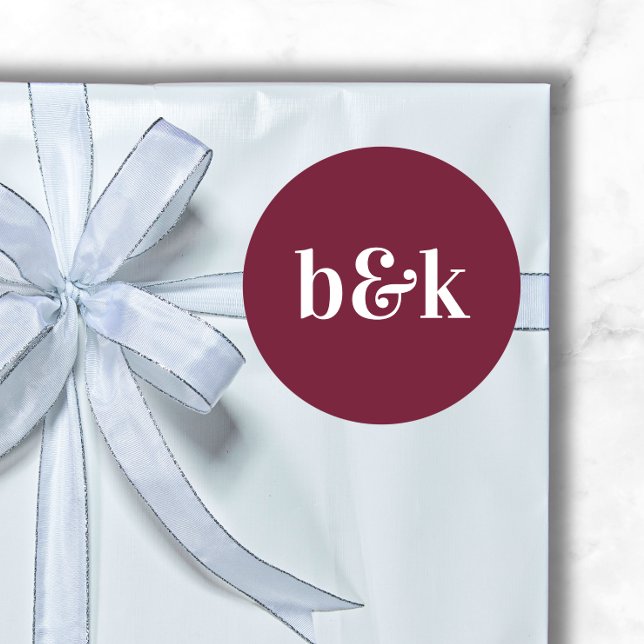 Minimalist Monogram Initials Burgundy Red Wedding Classic Round Sticker (Minimalist Monogram Initials Burgundy Red Wedding Classic Round Sticker)