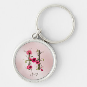 Minimalist Monogram Letter H with Poppies & Vines Key Ring