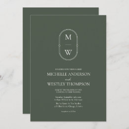 Minimalist Monogram Moss Green All in One Wedding Invitation