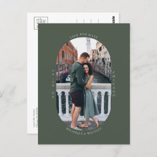 Minimalist Monogram Moss Green Photo Save the Date Postcard