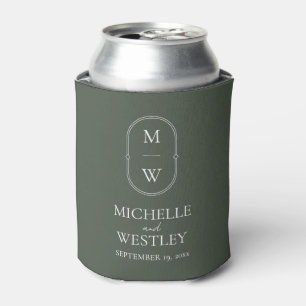 Minimalist Monogram Moss Green Wedding Can Cooler