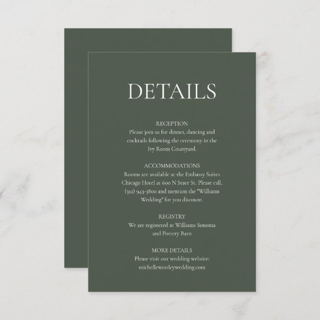 Minimalist Monogram Moss Green Wedding Details Enclosure Card (Front/Back)