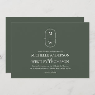Minimalist Monogram Moss Green Wedding Invitation