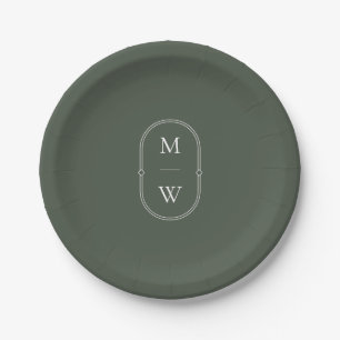 Minimalist Monogram Moss Green Wedding Paper Plate
