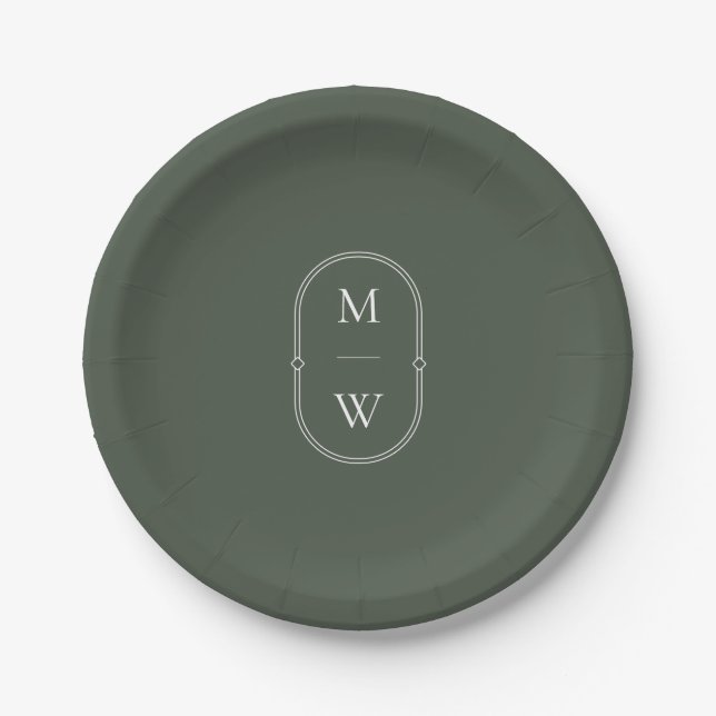 Minimalist Monogram Moss Green Wedding Paper Plate (Front)
