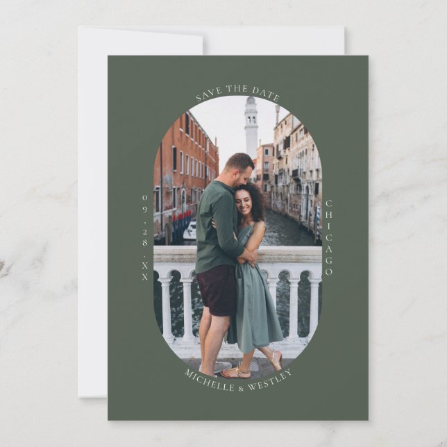 Minimalist Monogram Moss Green Wedding Photo Save The Date (Back)