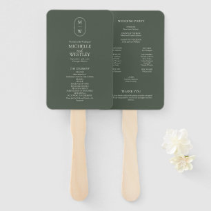Minimalist Monogram Moss Green Wedding Program Hand Fan