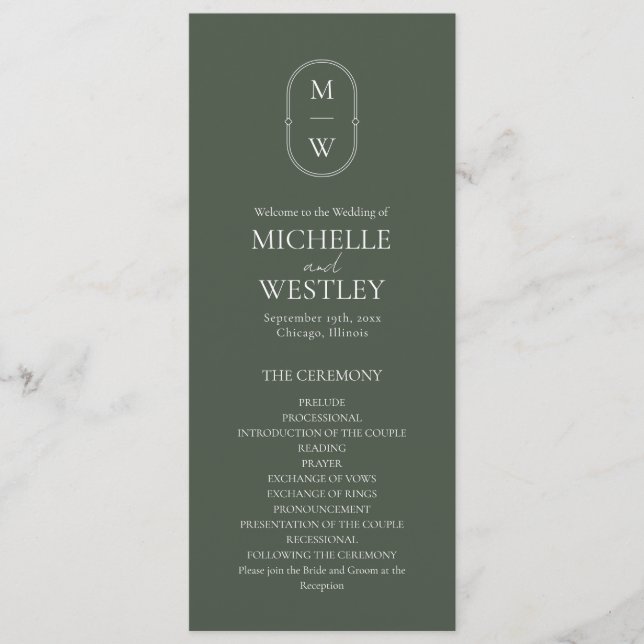 Minimalist Monogram Moss Green Wedding Programme (Front)