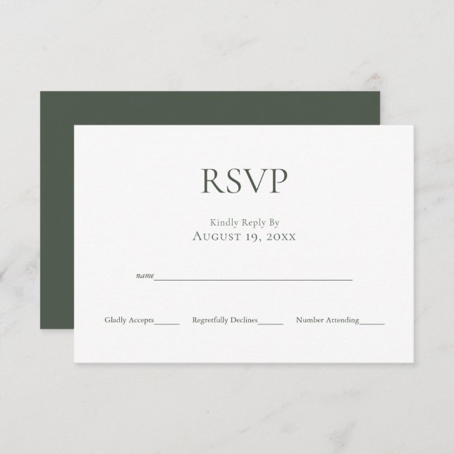 Minimalist Monogram Moss Green Wedding RSVP Card (Front/Back)