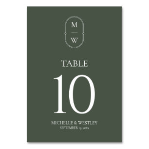 Minimalist Monogram Moss Green Wedding Table Number