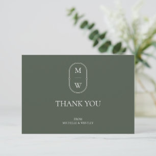 Minimalist Monogram Moss Green Wedding Thank You Card
