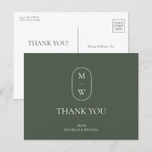 Minimalist Monogram Moss Green Wedding Thank You Postcard