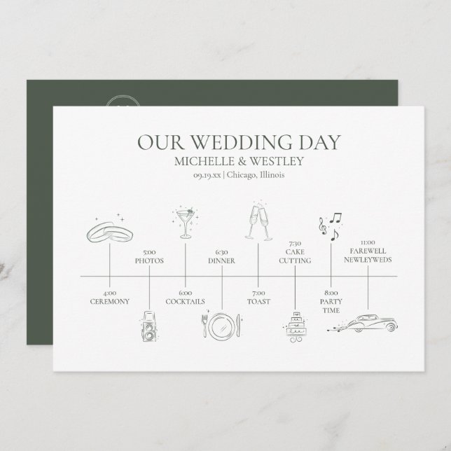 Minimalist Monogram Moss Green Wedding Timeline Programme (Front/Back)