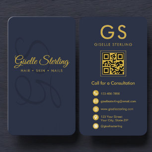Minimalist Monogram Navy Blue Gold QR Business Card