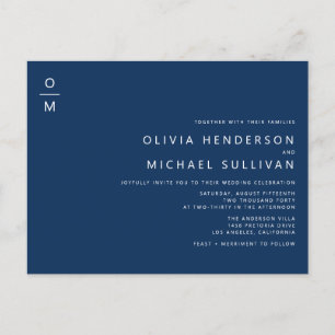 Minimalist Monogram Navy Blue QR Code Wedding Invitation Postcard