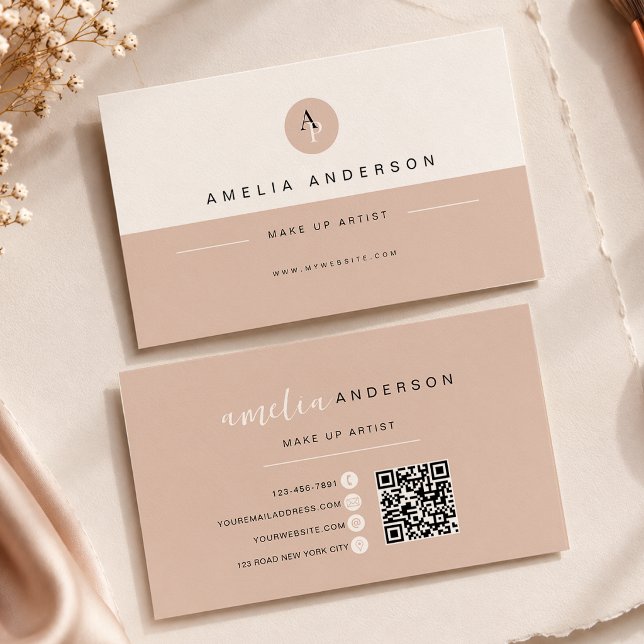 Minimalist Monogram Neutral Beige Qr Code Business Card (Creator Uploaded)
