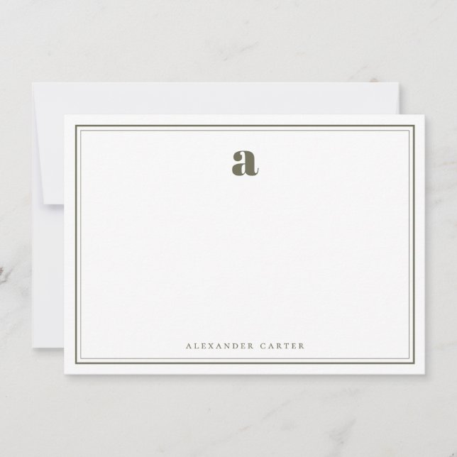Minimalist Monogram Olive Green Two Border Card (Front)