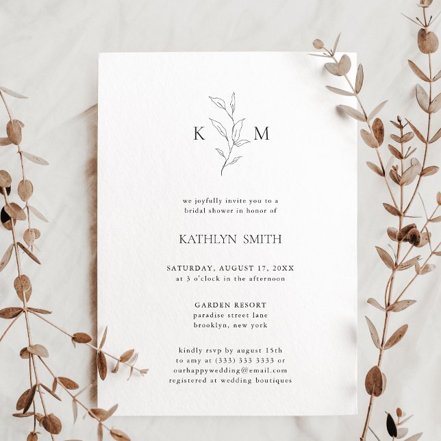 Minimalist Monogram Olive Leaf Bridal Shower Invitation (Creator Uploaded)