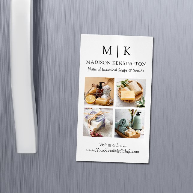 Minimalist Monogram or Add Logo 4 Photos Magnetic Business Card (Edit to Customize text, colors and more)