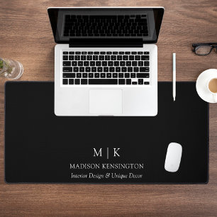 Minimalist Monogram or Add Logo Business Black Desk Mat