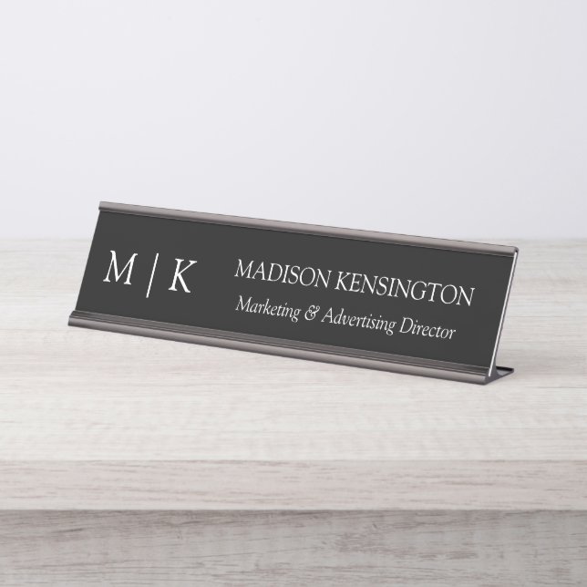 Minimalist Monogram or Add Logo Business Black Desk Name Plate (Front)