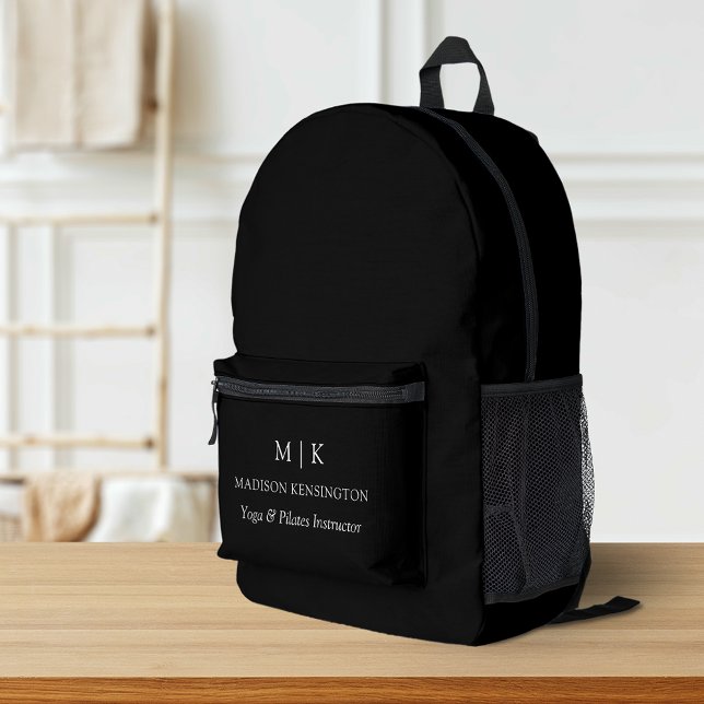 Minimalist Monogram or Add Logo Business Black Printed Backpack (Edit to Customize text, colors and more)
