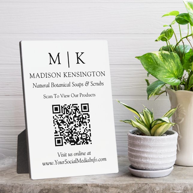 Minimalist Monogram or Add Logo Business QR Code Plaque (Edit to Customize text, colors and more)