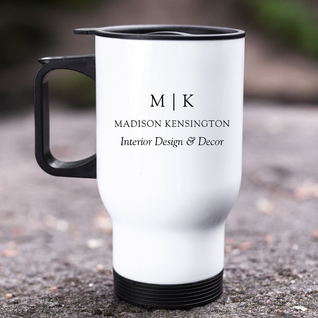 Minimalist Monogram or Add Logo Business Travel Mug (Customize to change text size, color or text style.)